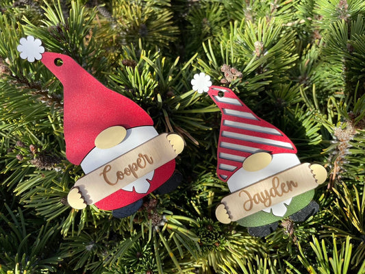 Christmas Gnome Ornament, Wooden, Personalized