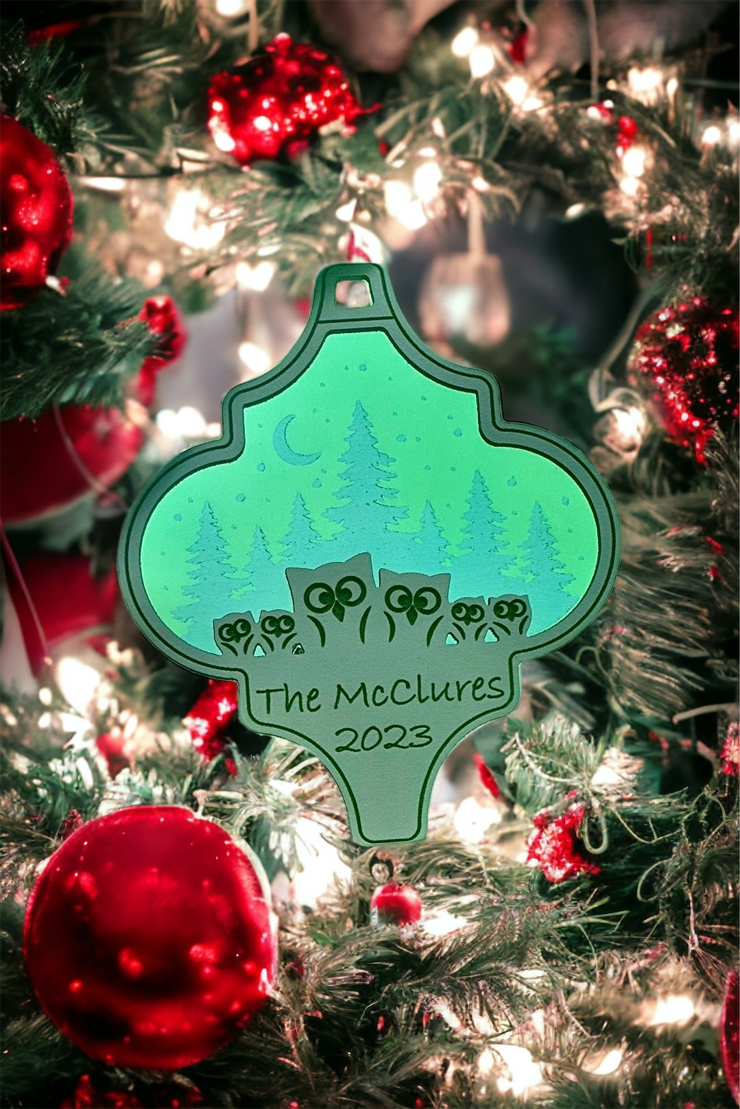 Owl Family Ornament, Personalized Wood with Iridescent Acrylic backing, Engraved