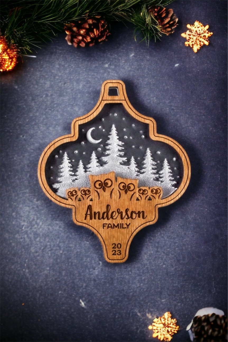 Owl Family Ornament, Personalized Wood with Iridescent Acrylic backing, Engraved