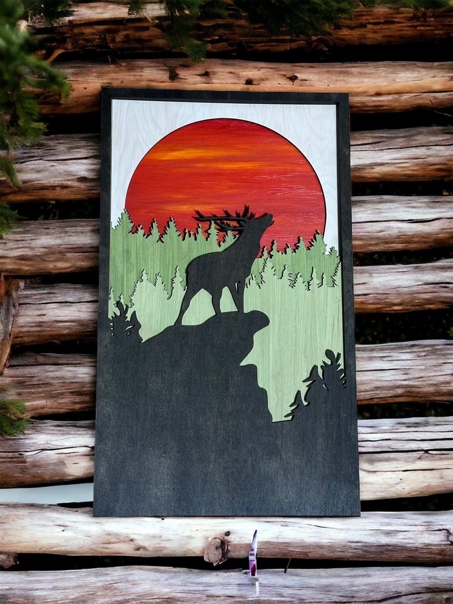 Wooden Elk Mountain Wall Art, 5 Layers