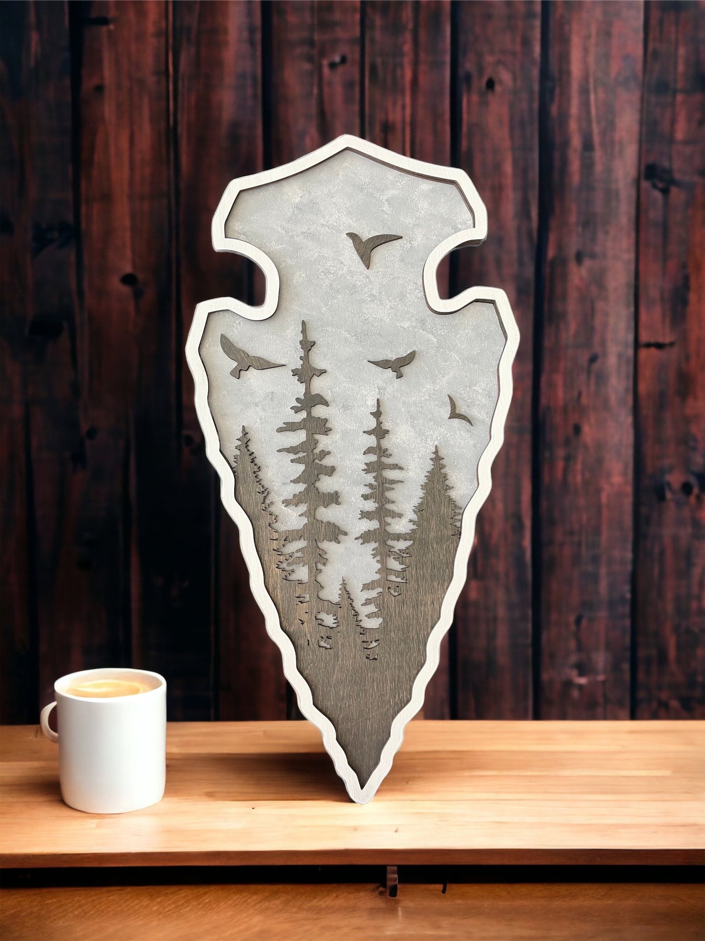 Arrowhead Shaped Wall Art, Layered Wood, Mountains, Trees and Birds