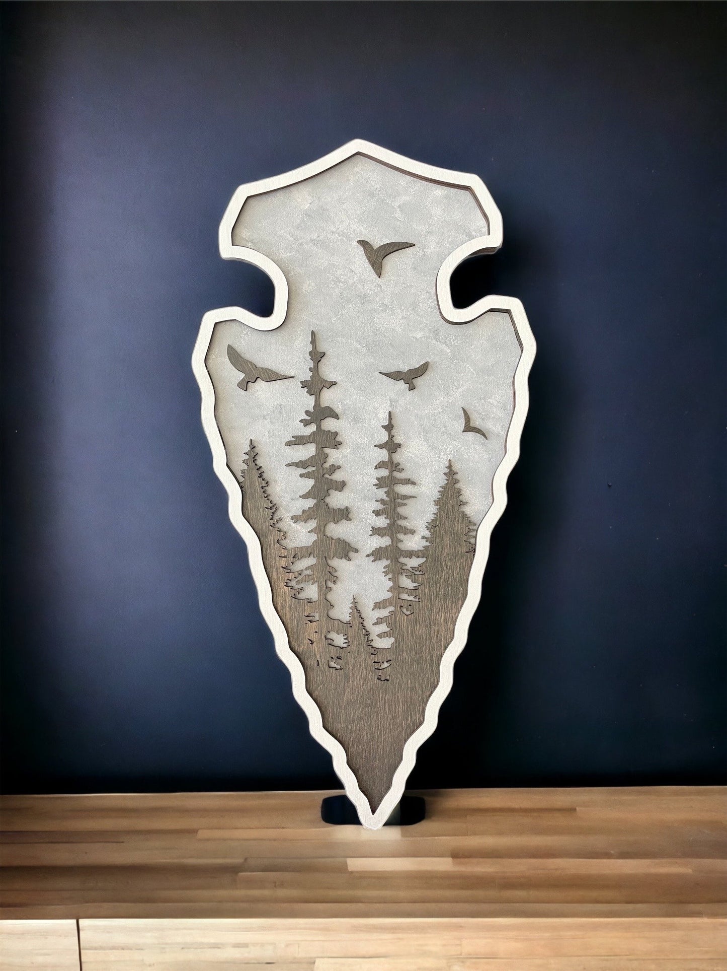 Arrowhead Shaped Wall Art, Layered Wood, Mountains, Trees and Birds