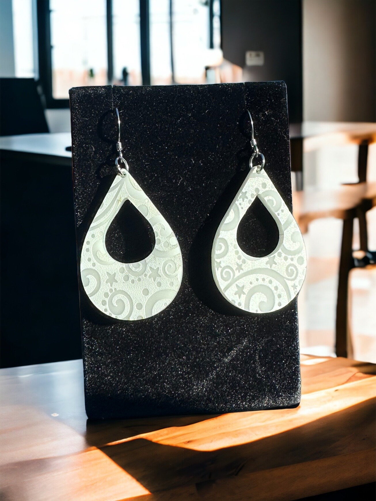 White Swirl Tear Drop Earrings Hypoallergenic Stainless Steel hook, Lightweight Acrylic