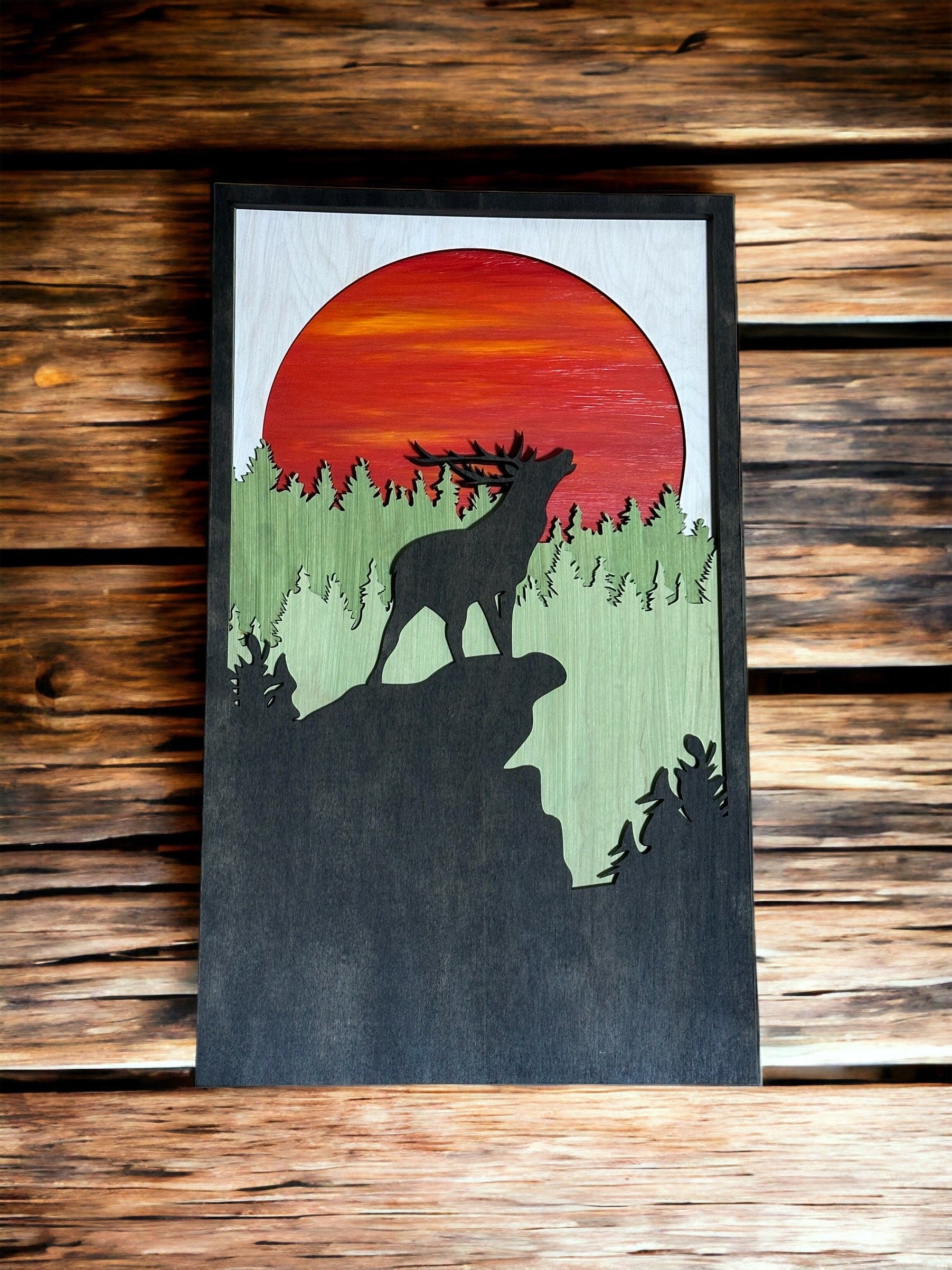 Wooden Elk Mountain Wall Art, 5 Layers