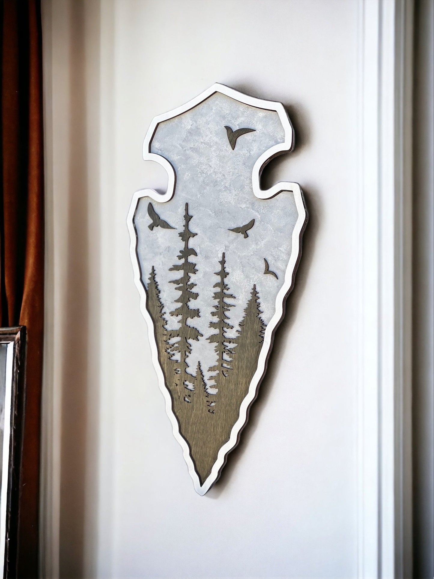 Arrowhead Shaped Wall Art, Layered Wood, Mountains, Trees and Birds