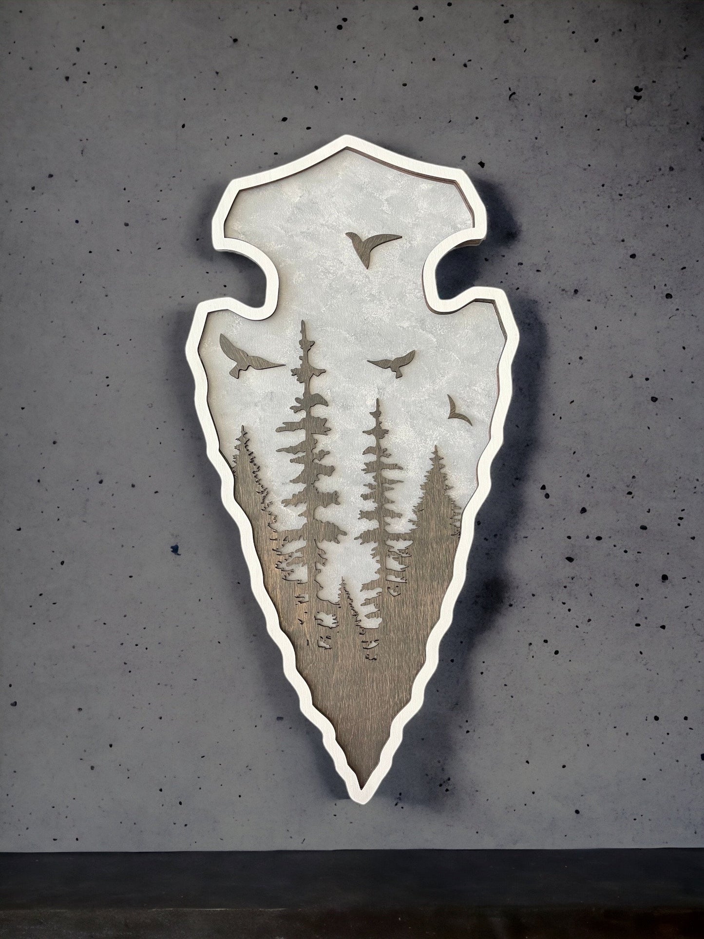 Arrowhead Shaped Wall Art, Layered Wood, Mountains, Trees and Birds