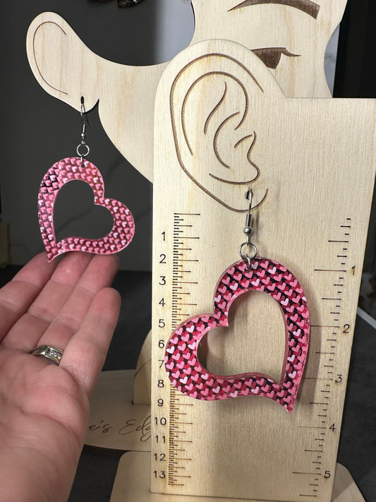 Valentine’s Day Heart Earrings, Pink Mirrored Acrylic, Lightweight Stainless Steel Hypoallergenic