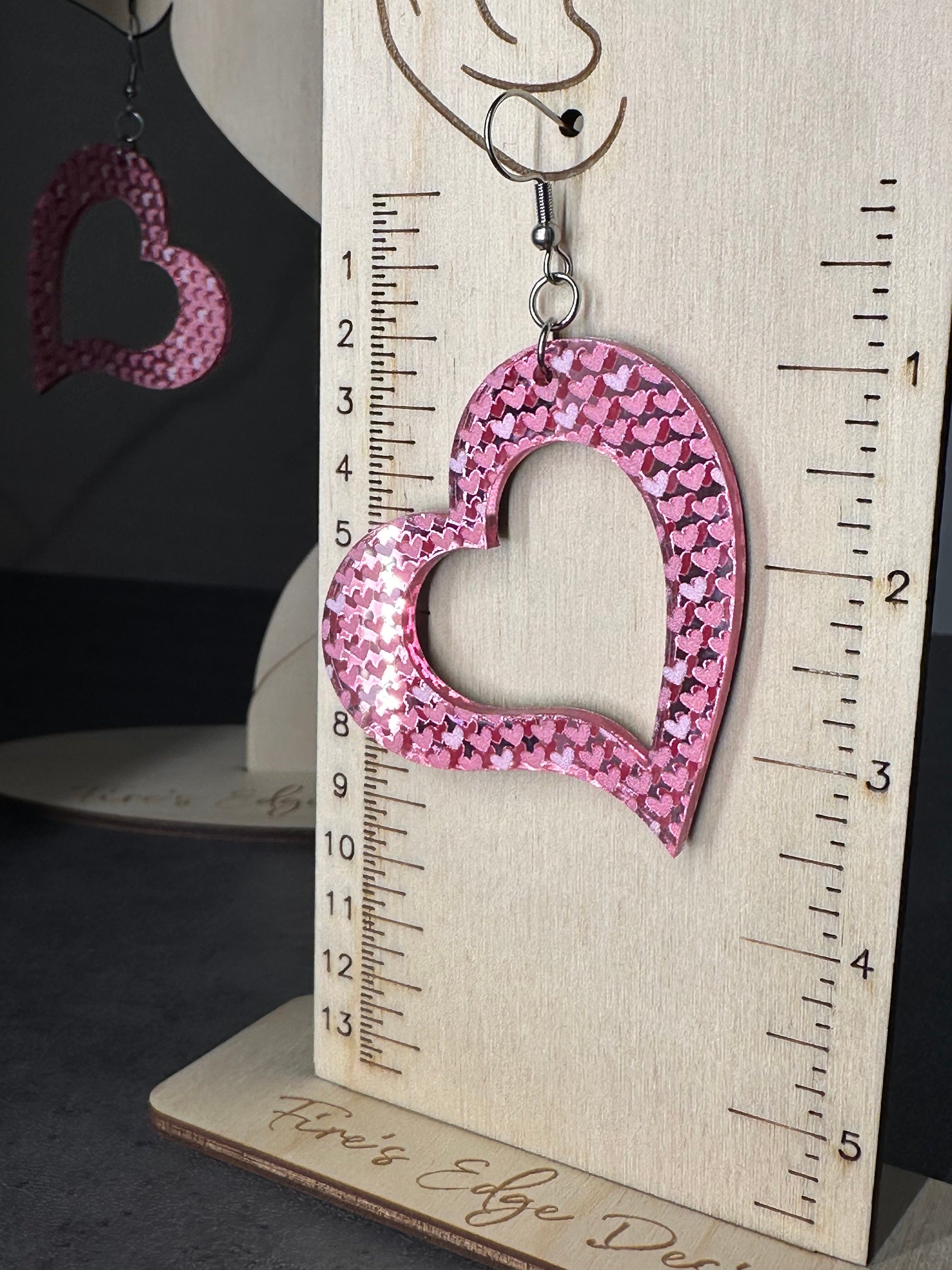 Valentine’s Day Heart Earrings, Pink Mirrored Acrylic, Lightweight Stainless Steel Hypoallergenic