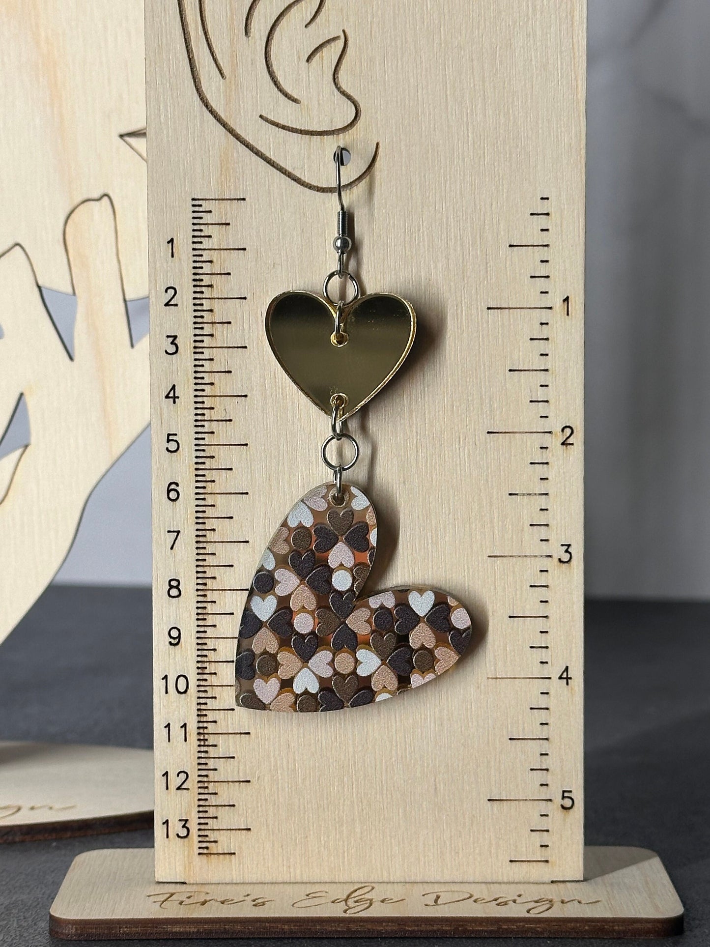 Double Heart Earrings, Gold Mirrored Acrylic, Lightweight Stainless Steel Hypoallergenic