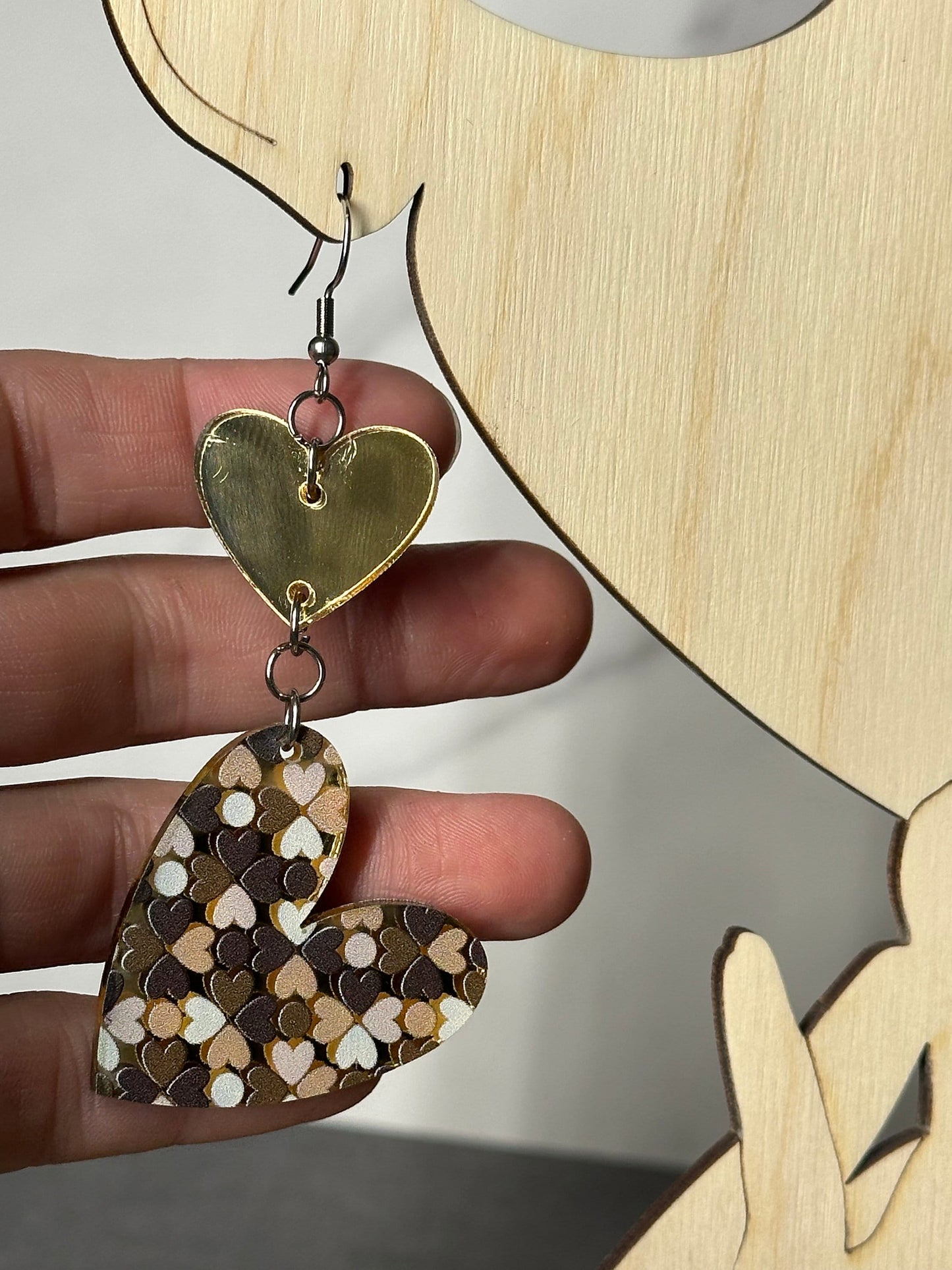 Double Heart Earrings, Gold Mirrored Acrylic, Lightweight Stainless Steel Hypoallergenic