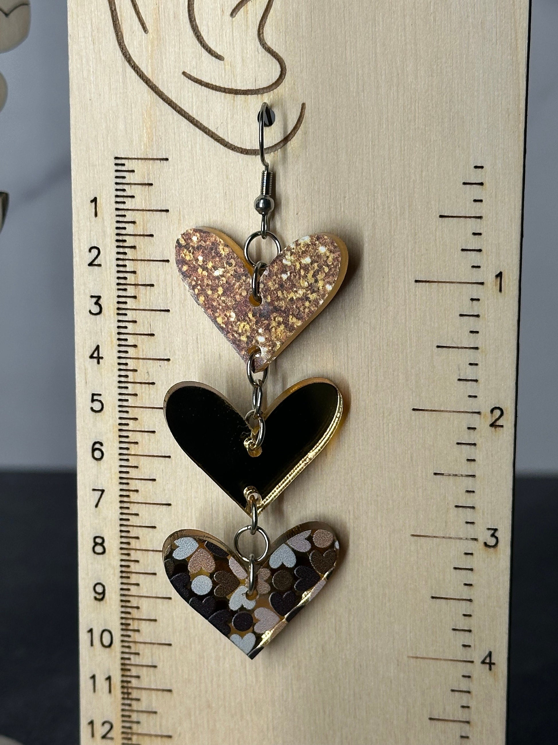 Heart Shaped Dangle Earrings, Gold Mirrored Acrylic, Lightweight Stainless Steel Hypoallergenic