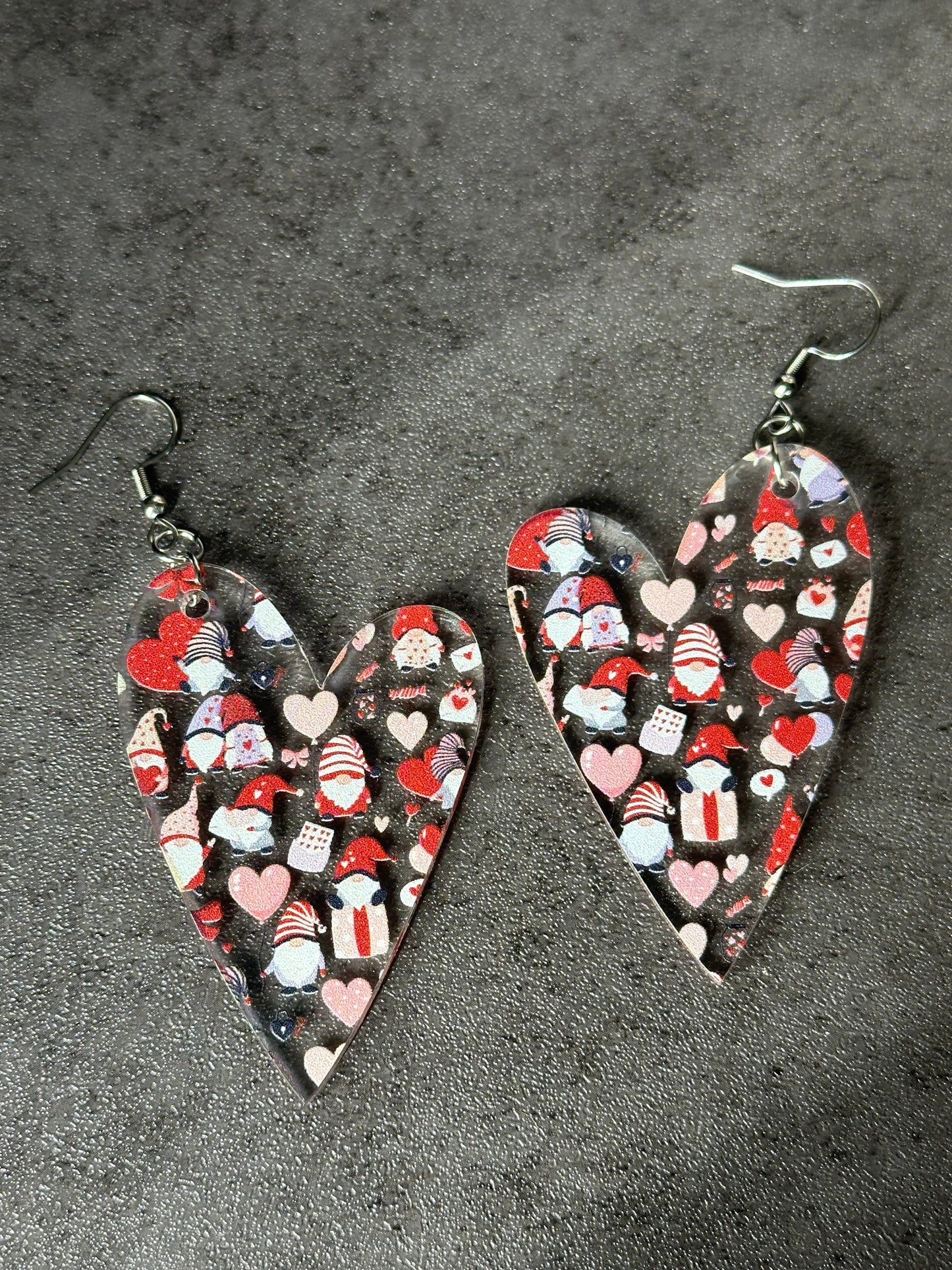 Heart Gnome Earrings, Pink and Red Printed Acrylic, Lightweight Stainless Steel Hypoallergenic