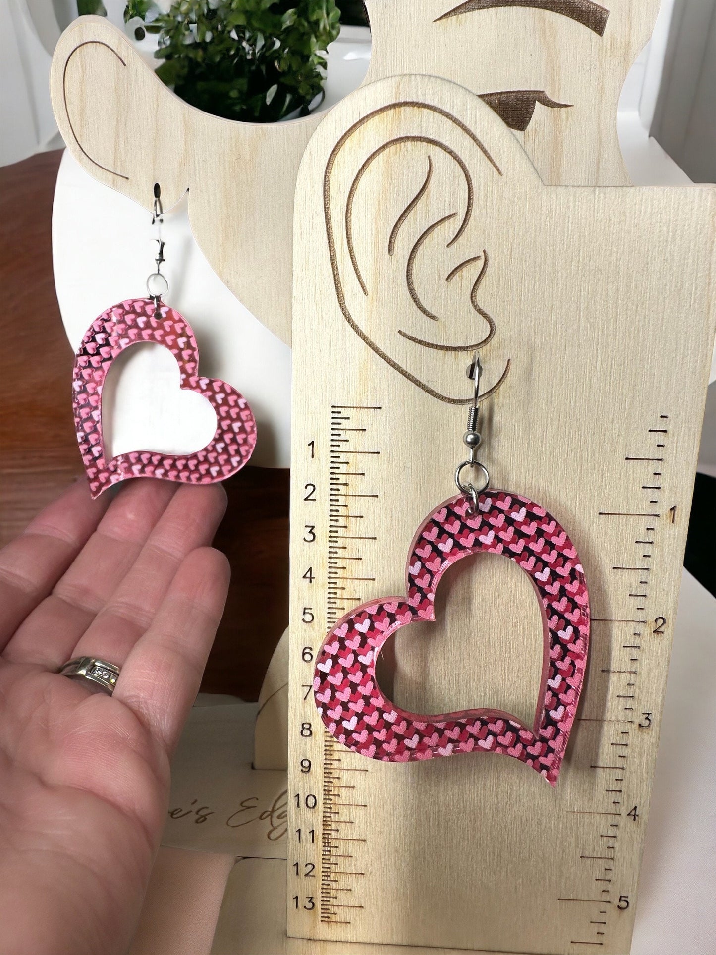 Valentine’s Day Heart Earrings, Pink Mirrored Acrylic, Lightweight Stainless Steel Hypoallergenic