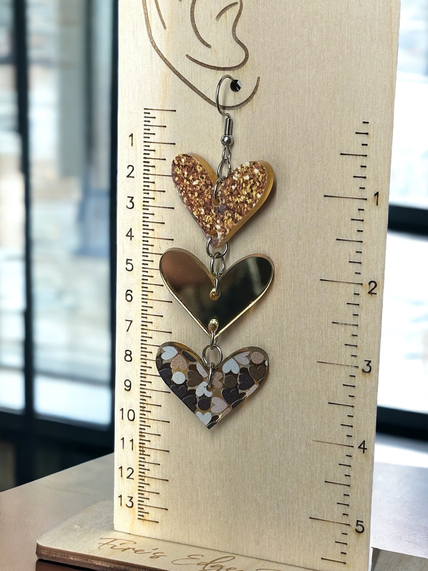 Heart Shaped Dangle Earrings, Gold Mirrored Acrylic, Lightweight Stainless Steel Hypoallergenic