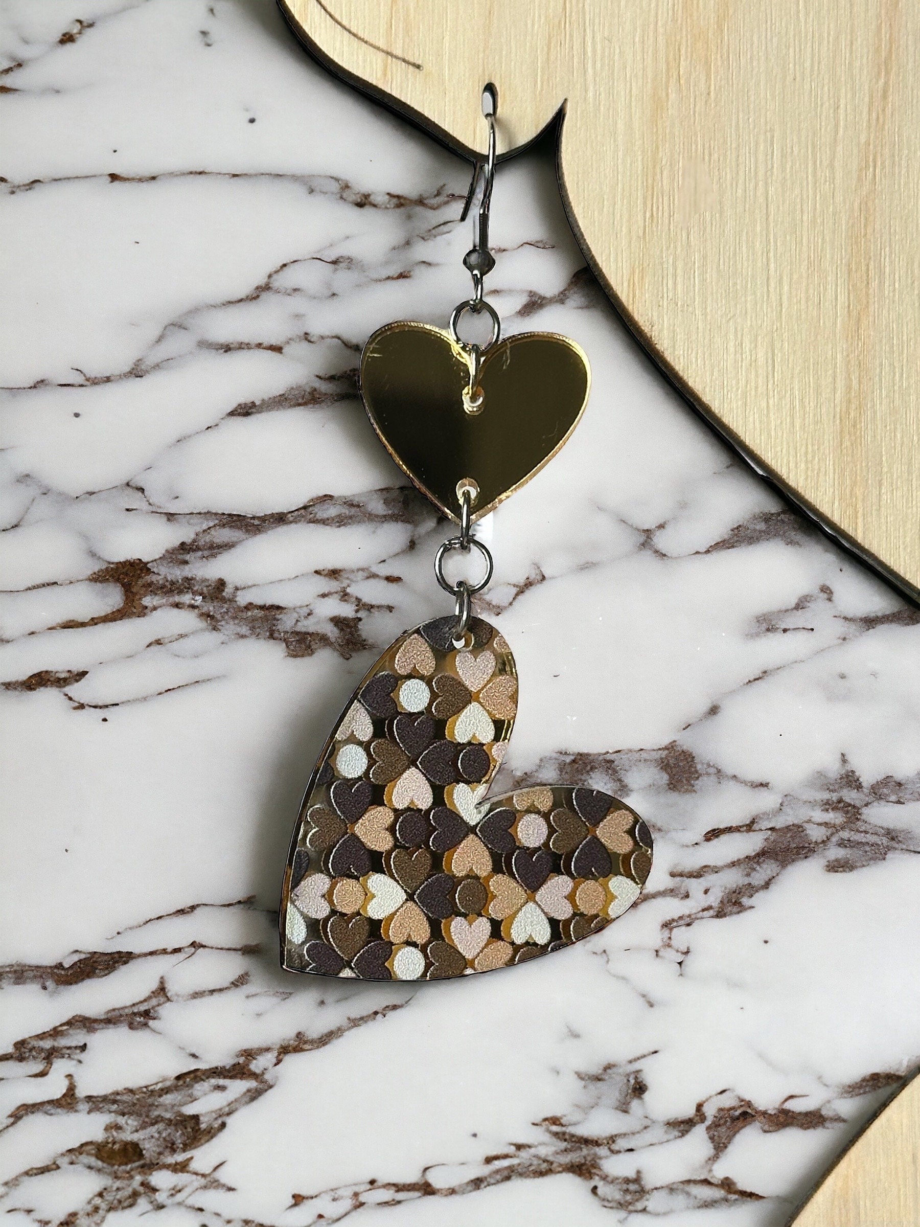 Double Heart Earrings, Gold Mirrored Acrylic, Lightweight Stainless Steel Hypoallergenic