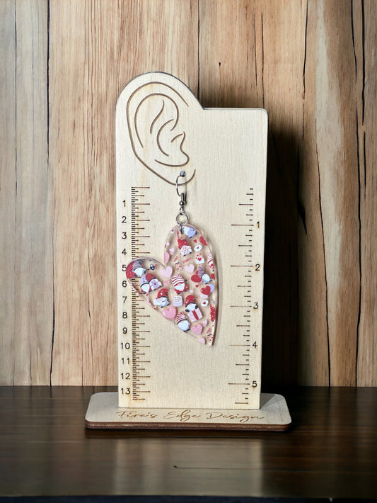 Heart Gnome Earrings, Pink and Red Printed Acrylic, Lightweight Stainless Steel Hypoallergenic