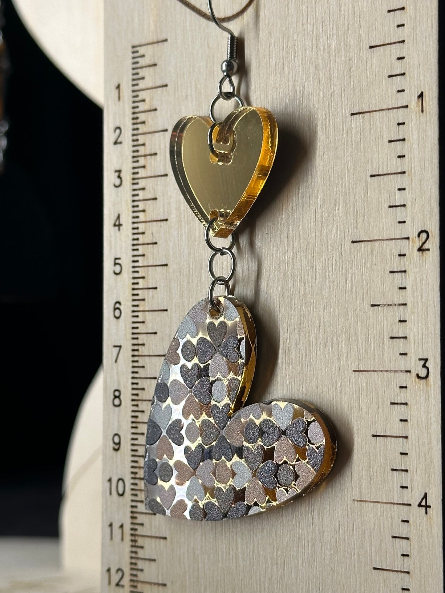 Double Heart Earrings, Gold Mirrored Acrylic, Lightweight Stainless Steel Hypoallergenic