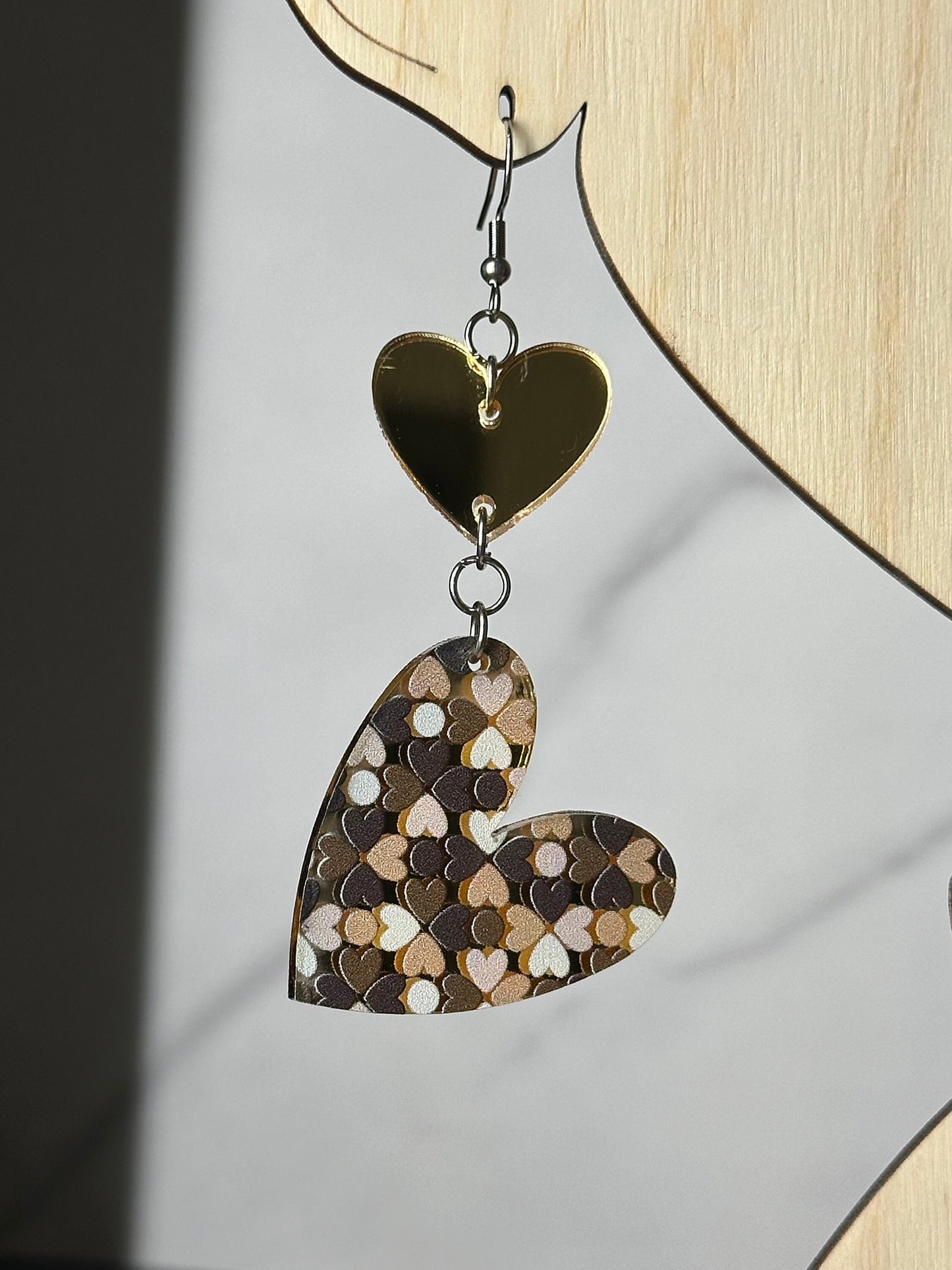 Double Heart Earrings, Gold Mirrored Acrylic, Lightweight Stainless Steel Hypoallergenic