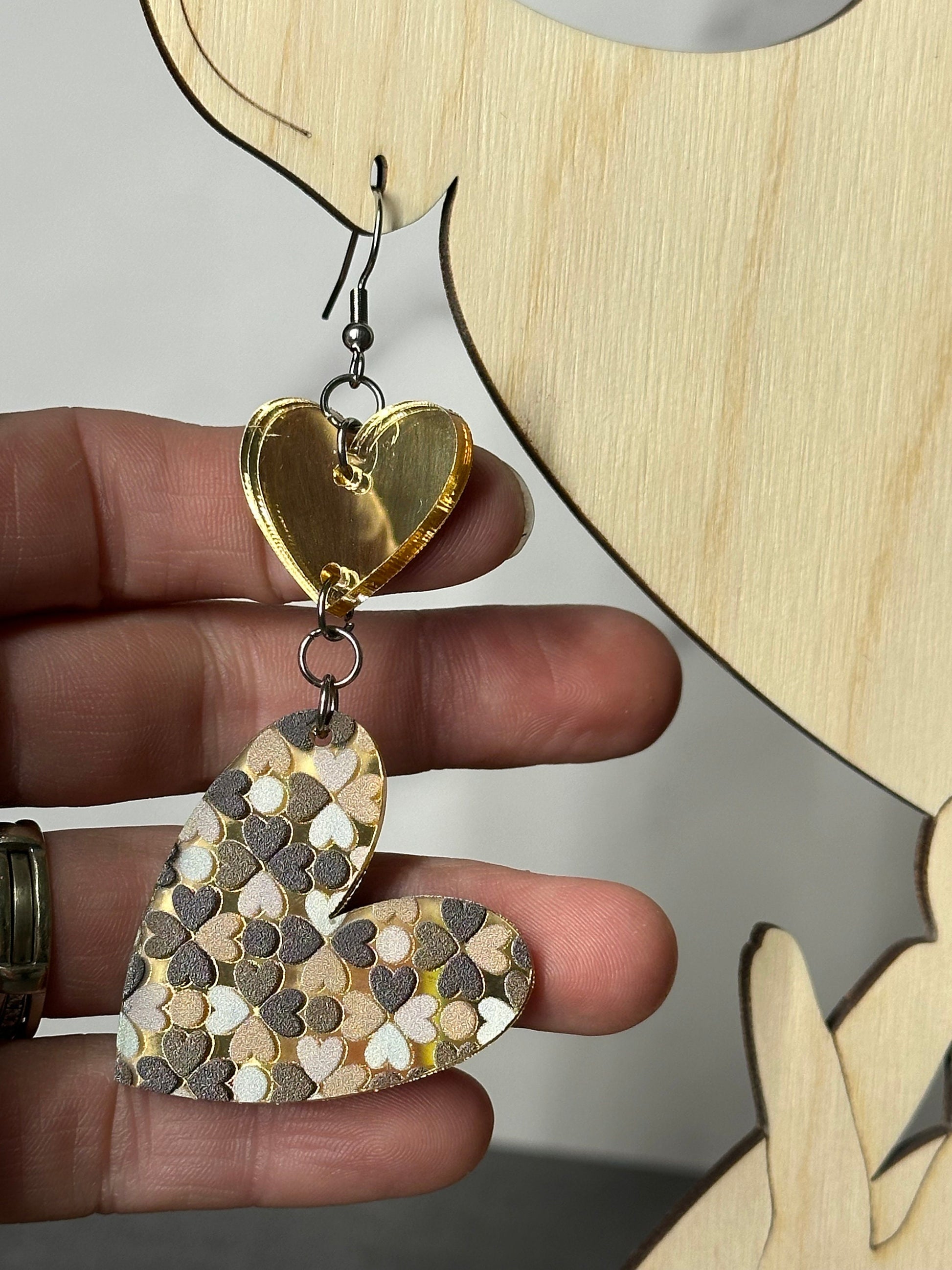 Double Heart Earrings, Gold Mirrored Acrylic, Lightweight Stainless Steel Hypoallergenic