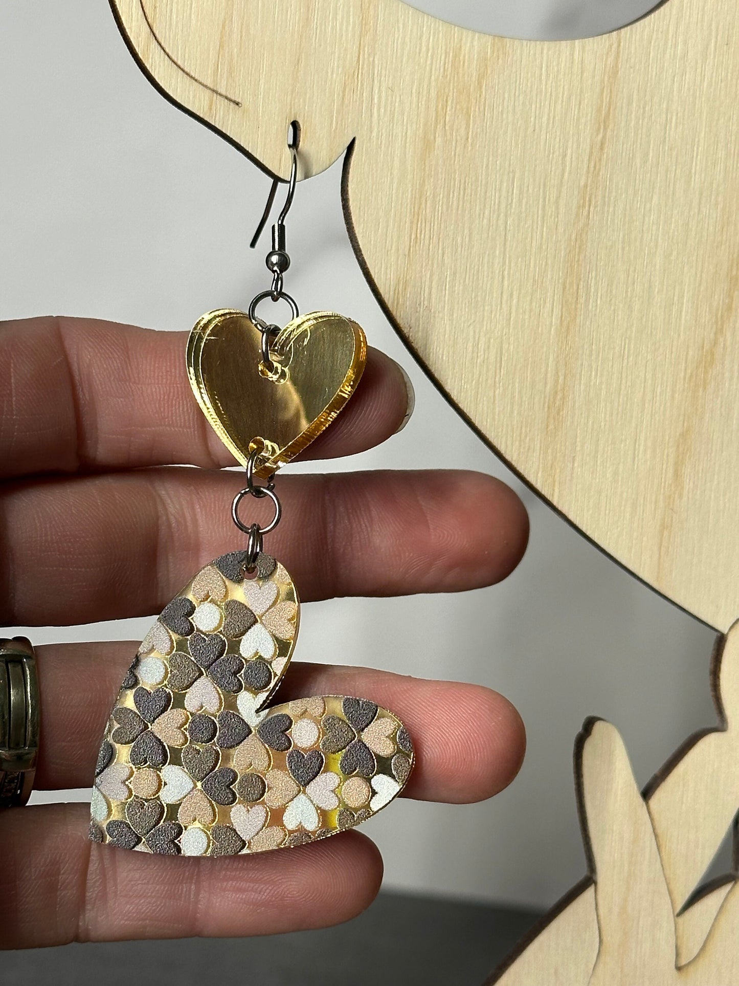 Double Heart Earrings, Gold Mirrored Acrylic, Lightweight Stainless Steel Hypoallergenic