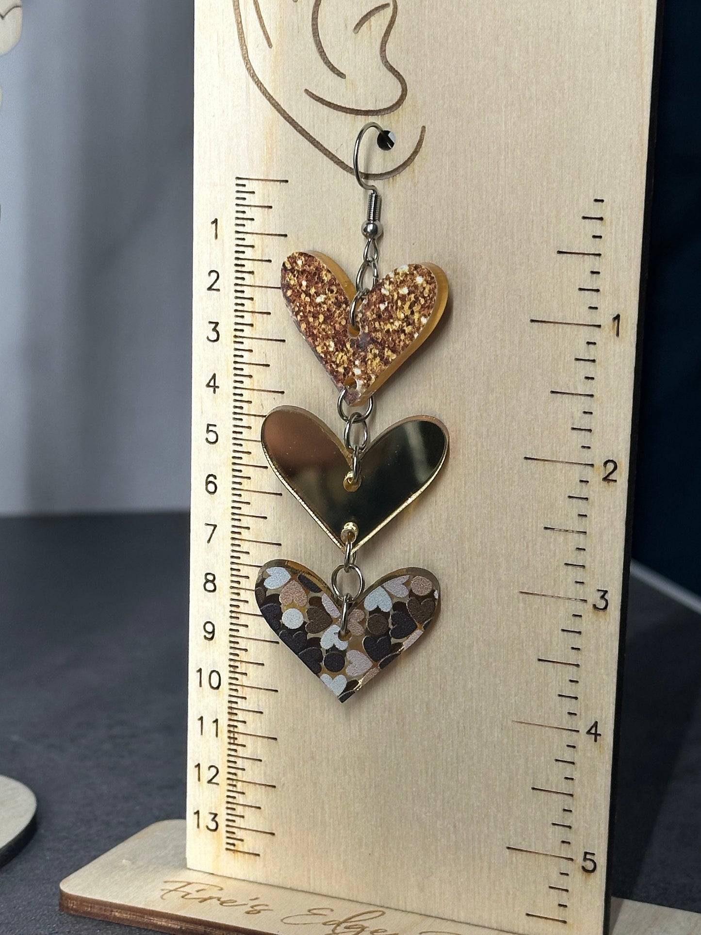 Heart Shaped Dangle Earrings, Gold Mirrored Acrylic, Lightweight Stainless Steel Hypoallergenic