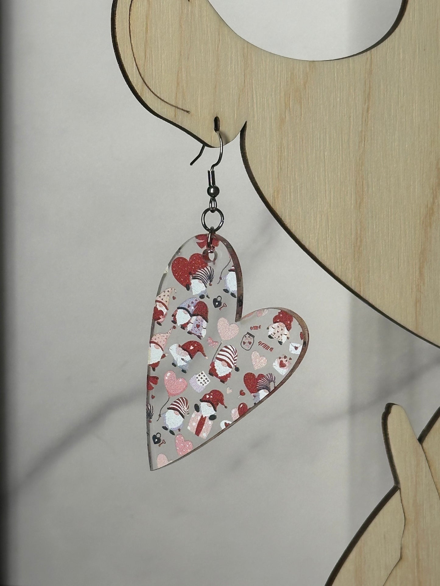 Heart Gnome Earrings, Pink and Red Printed Acrylic, Lightweight Stainless Steel Hypoallergenic