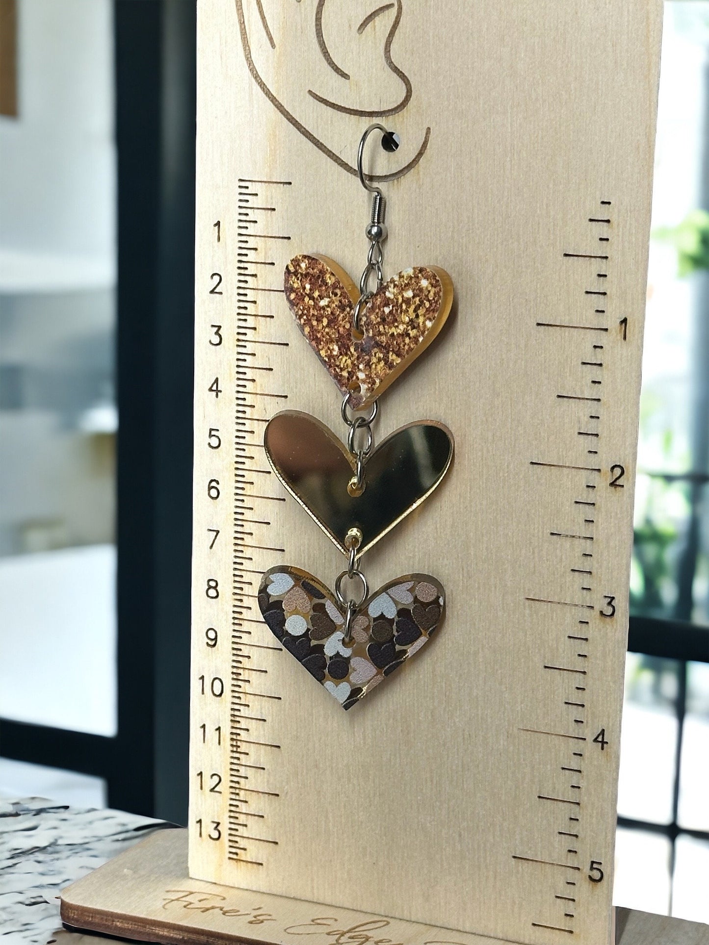 Heart Shaped Dangle Earrings, Gold Mirrored Acrylic, Lightweight Stainless Steel Hypoallergenic