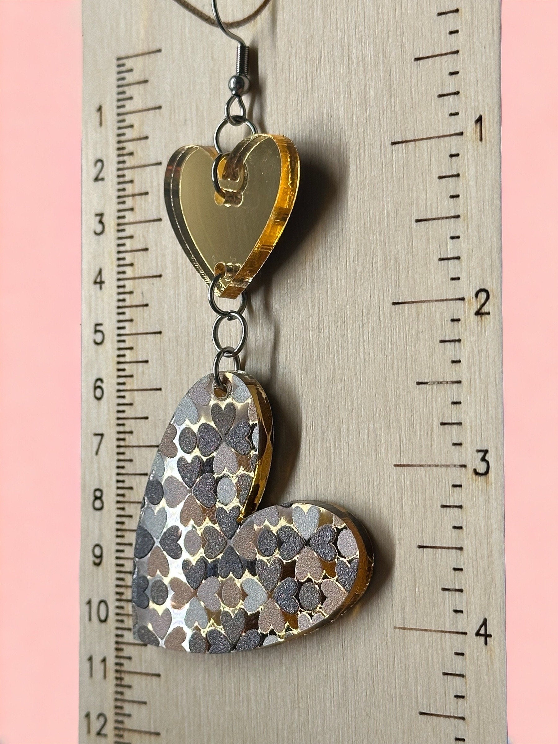 Double Heart Earrings, Gold Mirrored Acrylic, Lightweight Stainless Steel Hypoallergenic