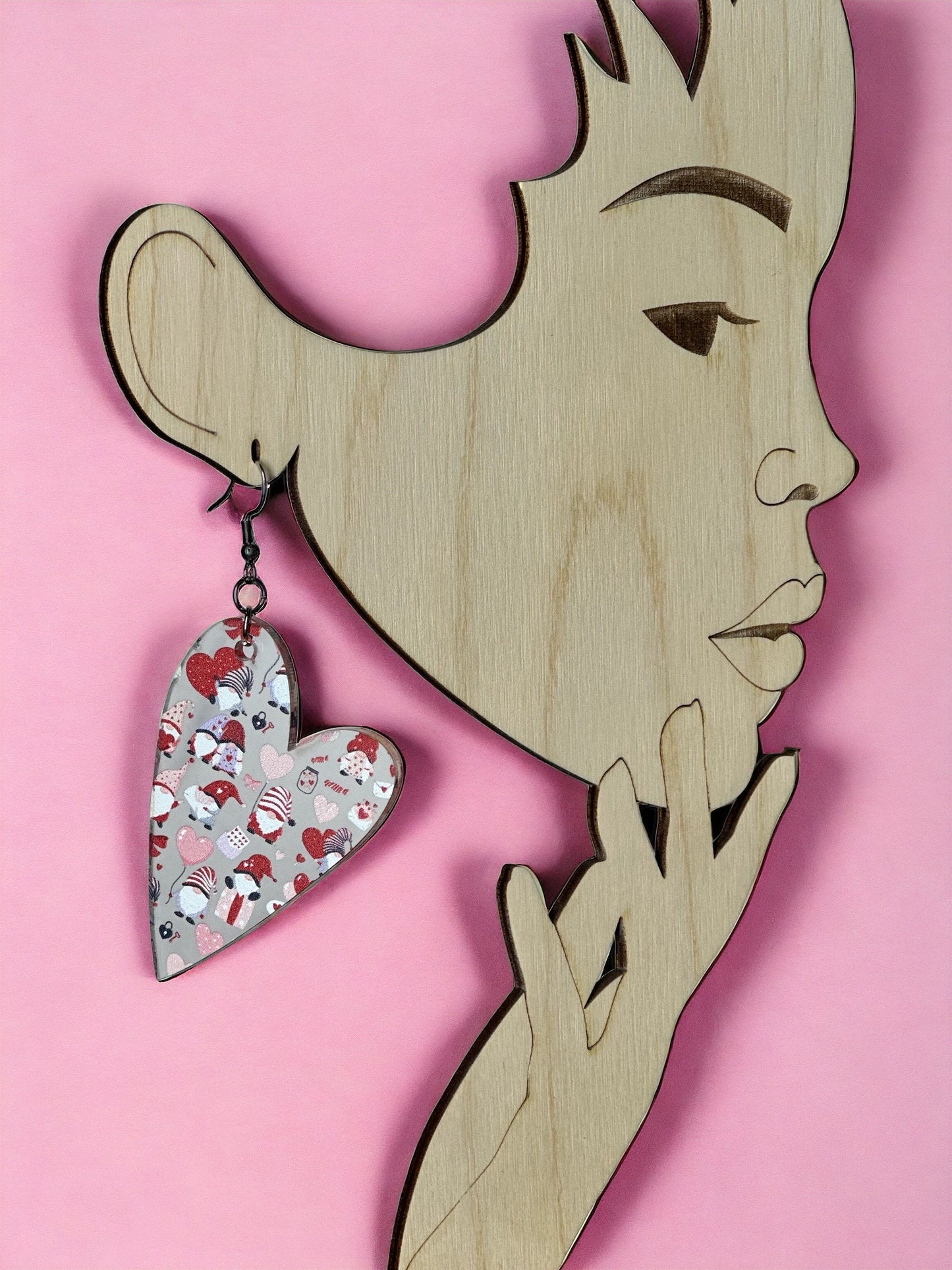 Heart Gnome Earrings, Pink and Red Printed Acrylic, Lightweight Stainless Steel Hypoallergenic
