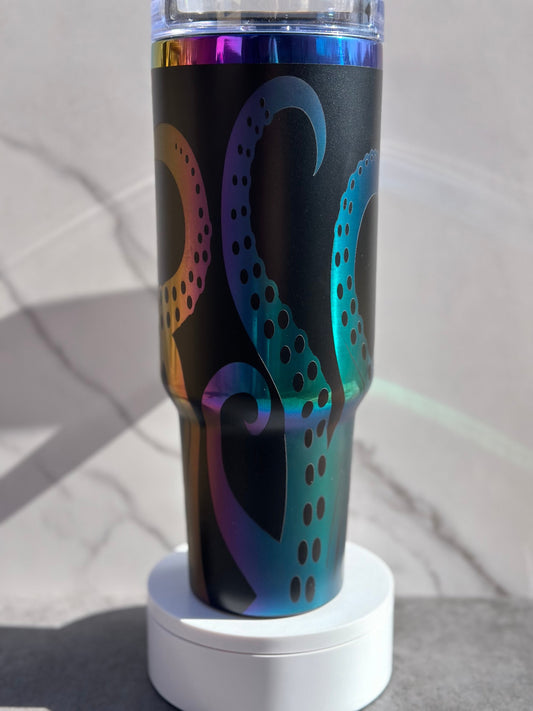 Octopus Tumbler with Handle, Laser Engraved 40oz Black and Rainbow/Aurora