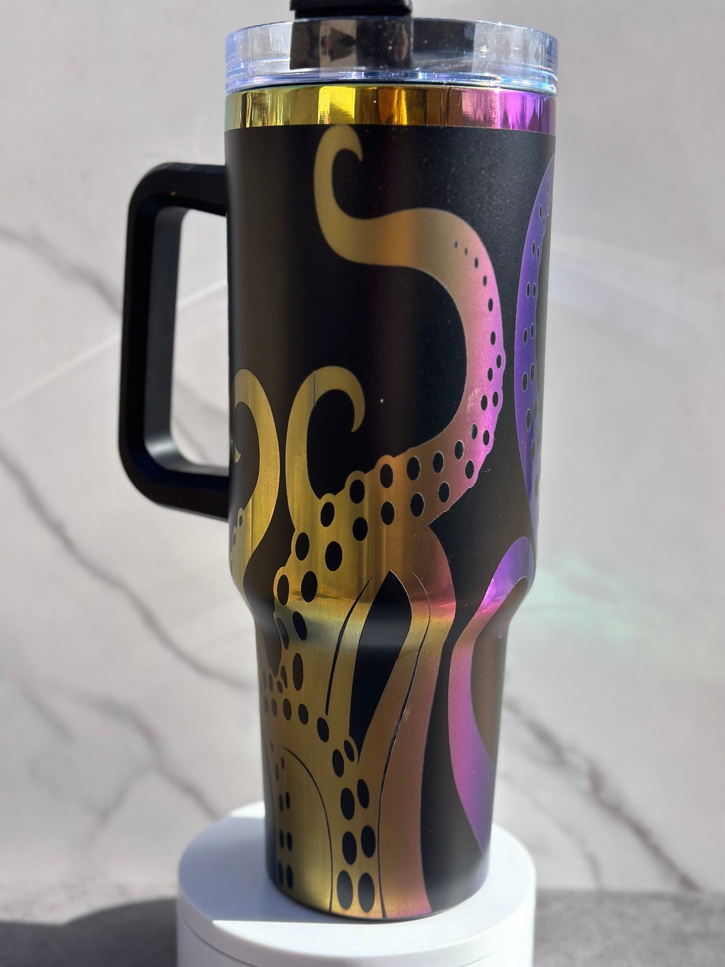 Octopus Tumbler with Handle, Laser Engraved 40oz Black and Rainbow/Aurora