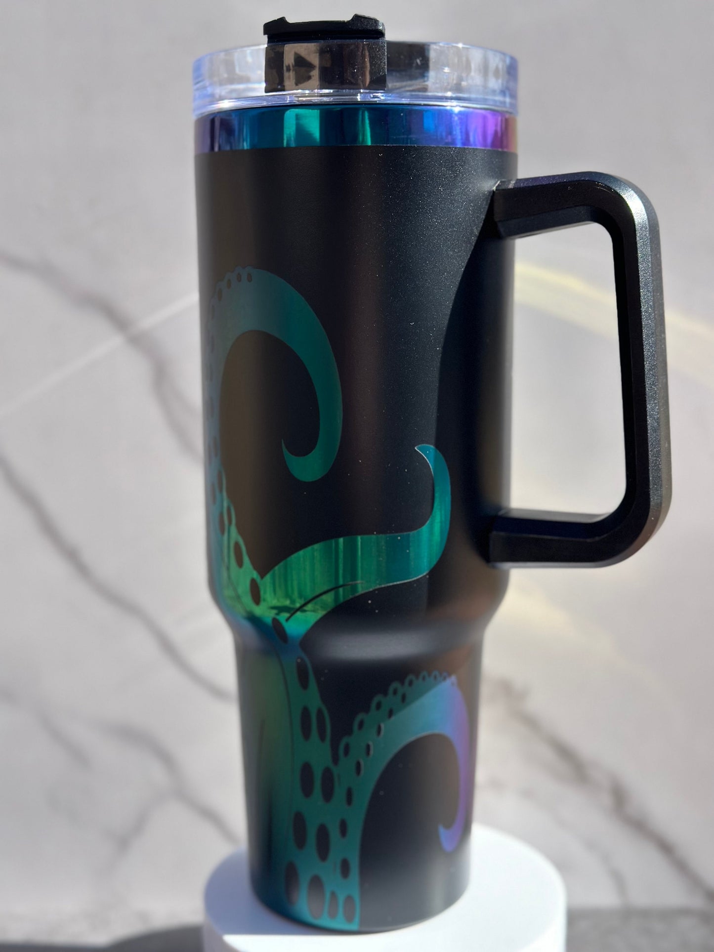 Octopus Tumbler with Handle, Laser Engraved 40oz Black and Rainbow/Aurora