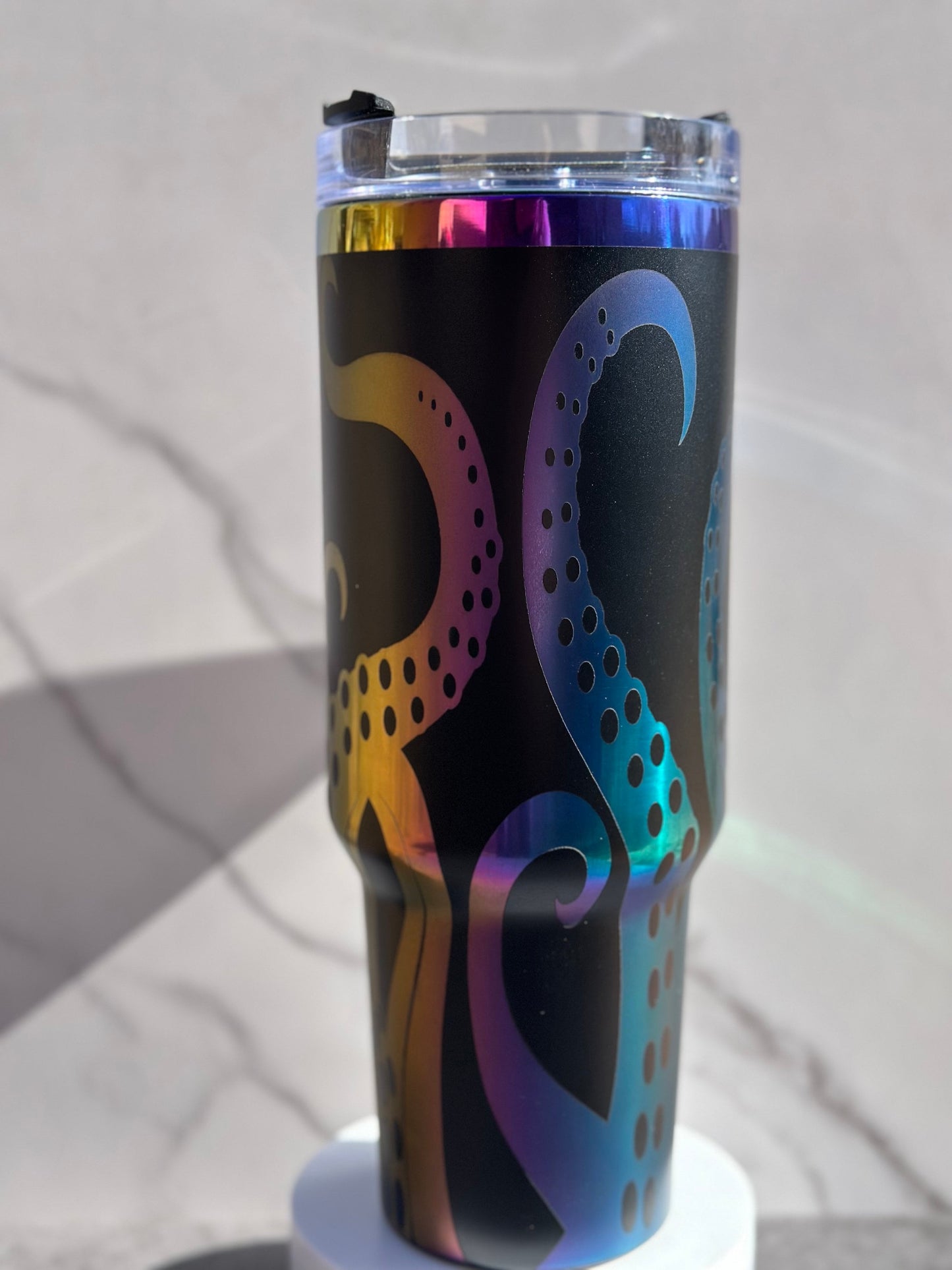 Octopus Tumbler with Handle, Laser Engraved 40oz Black and Rainbow/Aurora