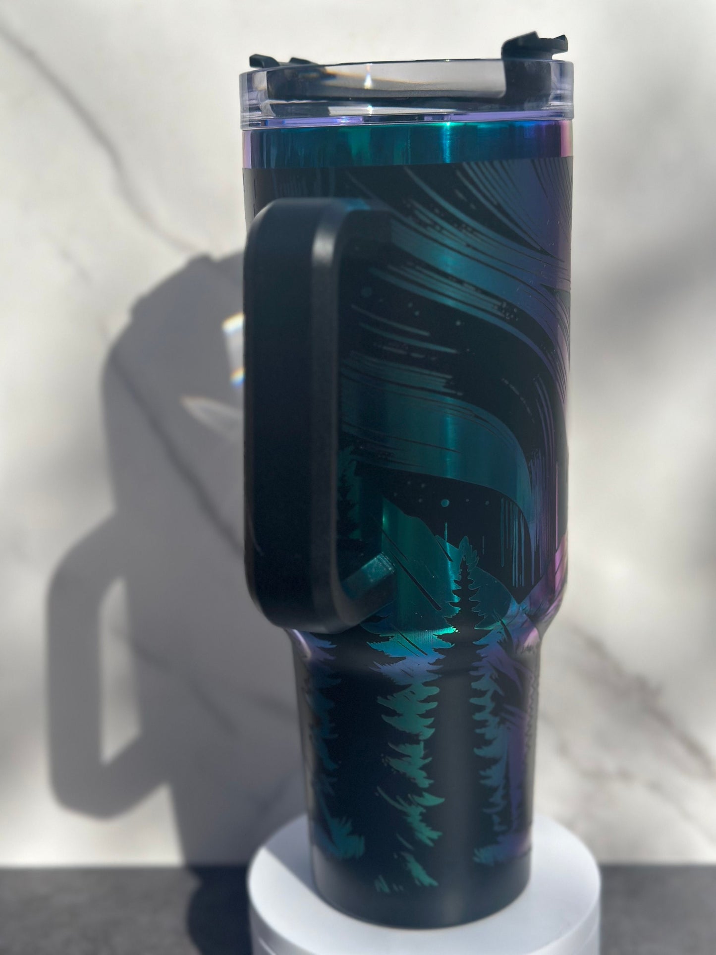 Northern Lights Engraved Tumbler with Handle, 40oz Black and Rainbow/Aurora, Mountains with Aurora Borealis, Laser Engraved