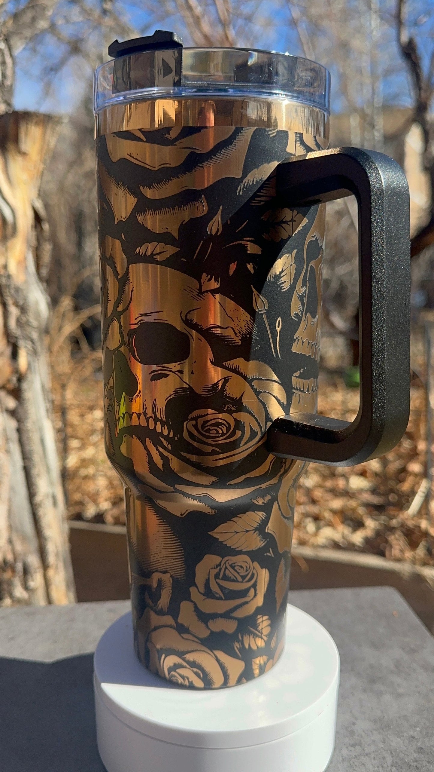 Black and Gold Rose and Skull Tumbler with Handle, Laser Engraved 40oz