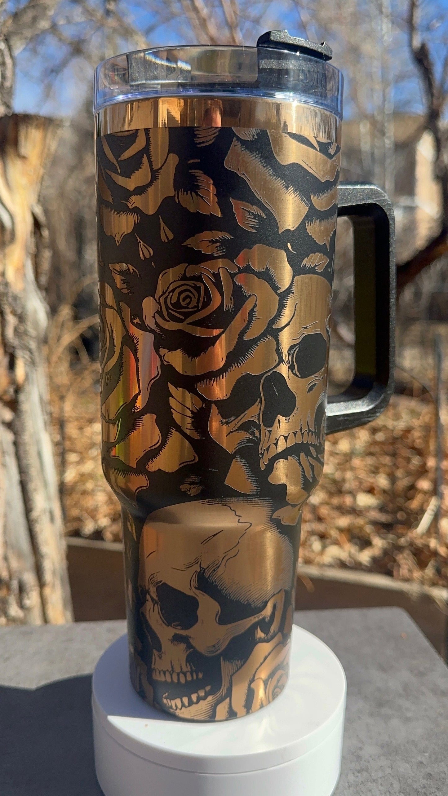 Black and Gold Rose and Skull Tumbler with Handle, Laser Engraved 40oz