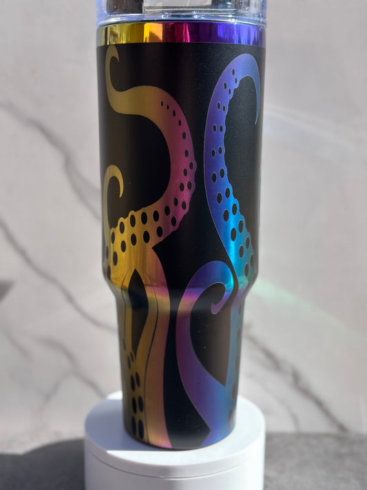 Ocean themed Octopus Tumbler with Handle, Laser Engraved 40oz Black and Rainbow/Aurora