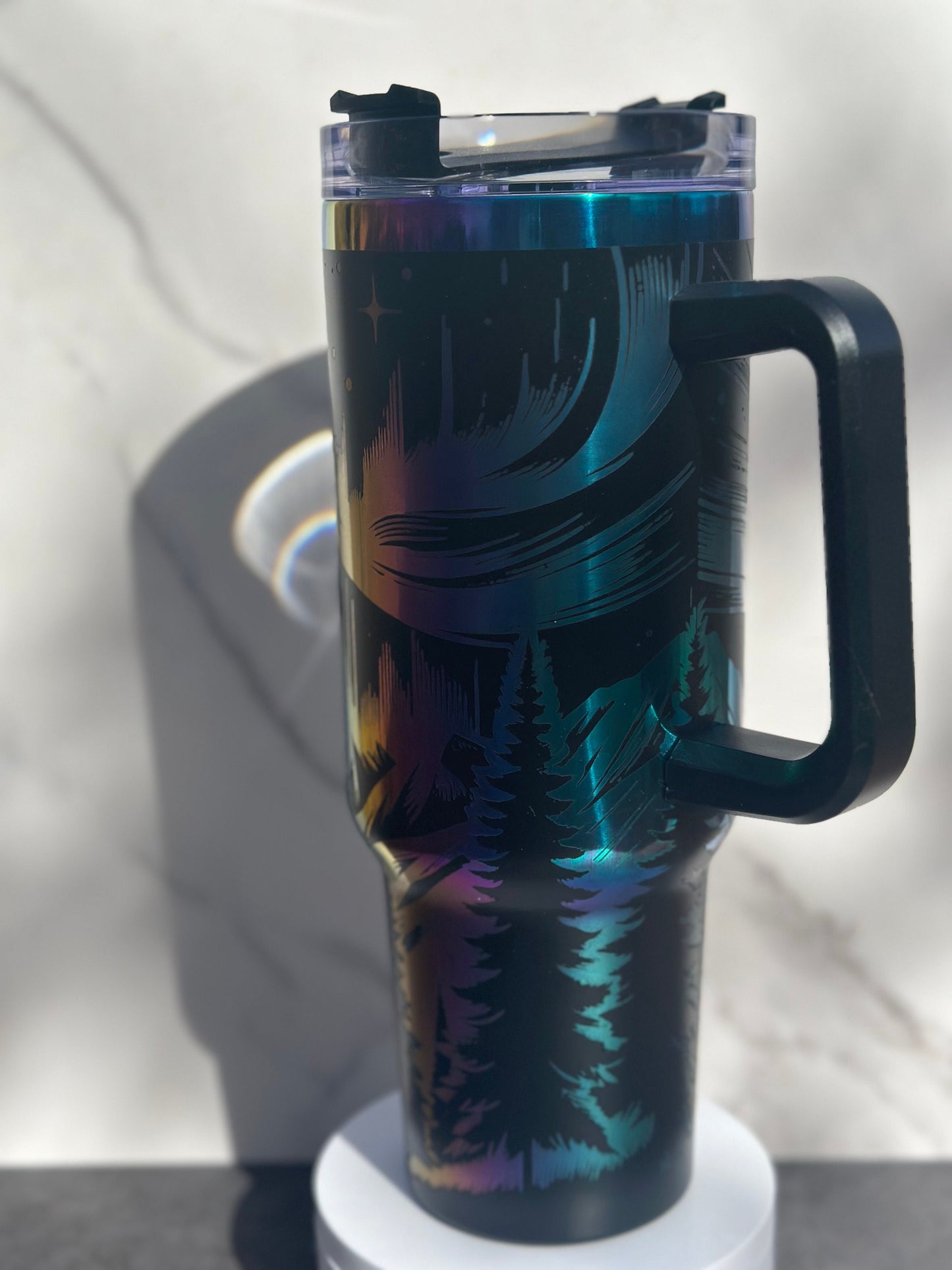 Northern Lights Engraved Tumbler with Handle, 40oz Black and Rainbow/Aurora, Mountains with Aurora Borealis, Laser Engraved