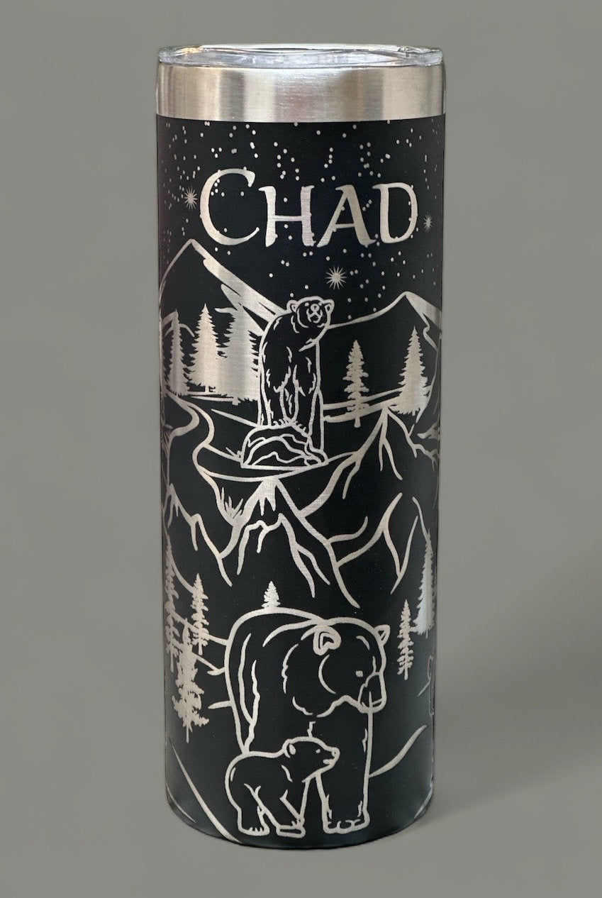 Mountain and Bear Wilderness Tumbler, Laser Engraved, 20oz - Free Personalization Optional