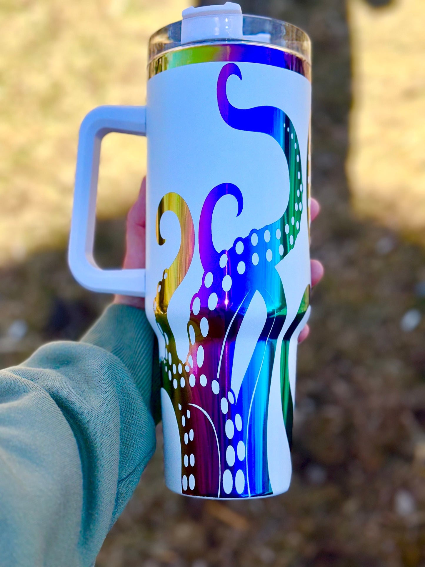 Octopus Tumbler with Handle, Laser Engraved 40oz Black and Rainbow/Aurora