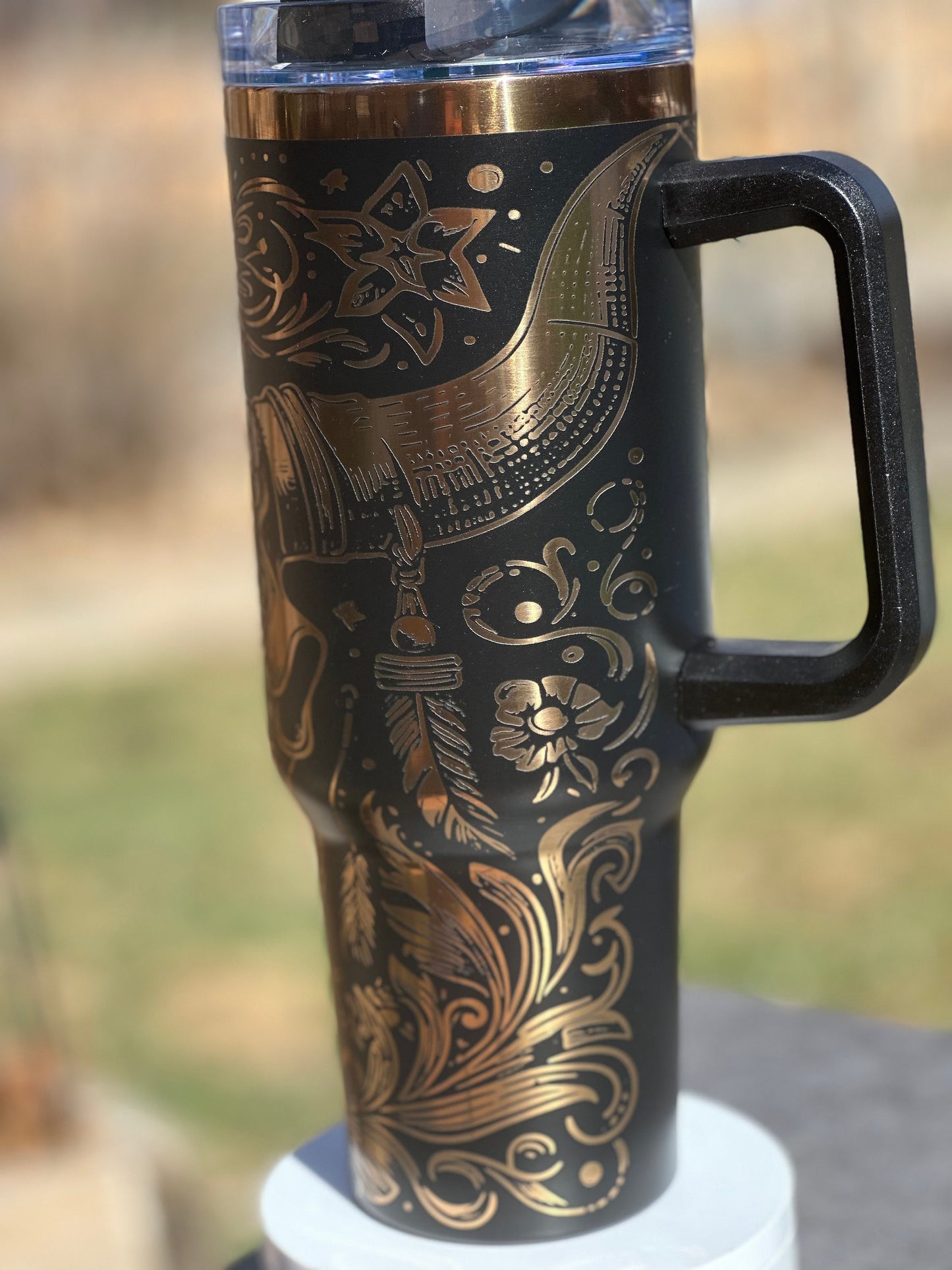 Western Charm Tumbler - Longhorn Cow Bull 40oz Engraved Cup, Black & Copper Design