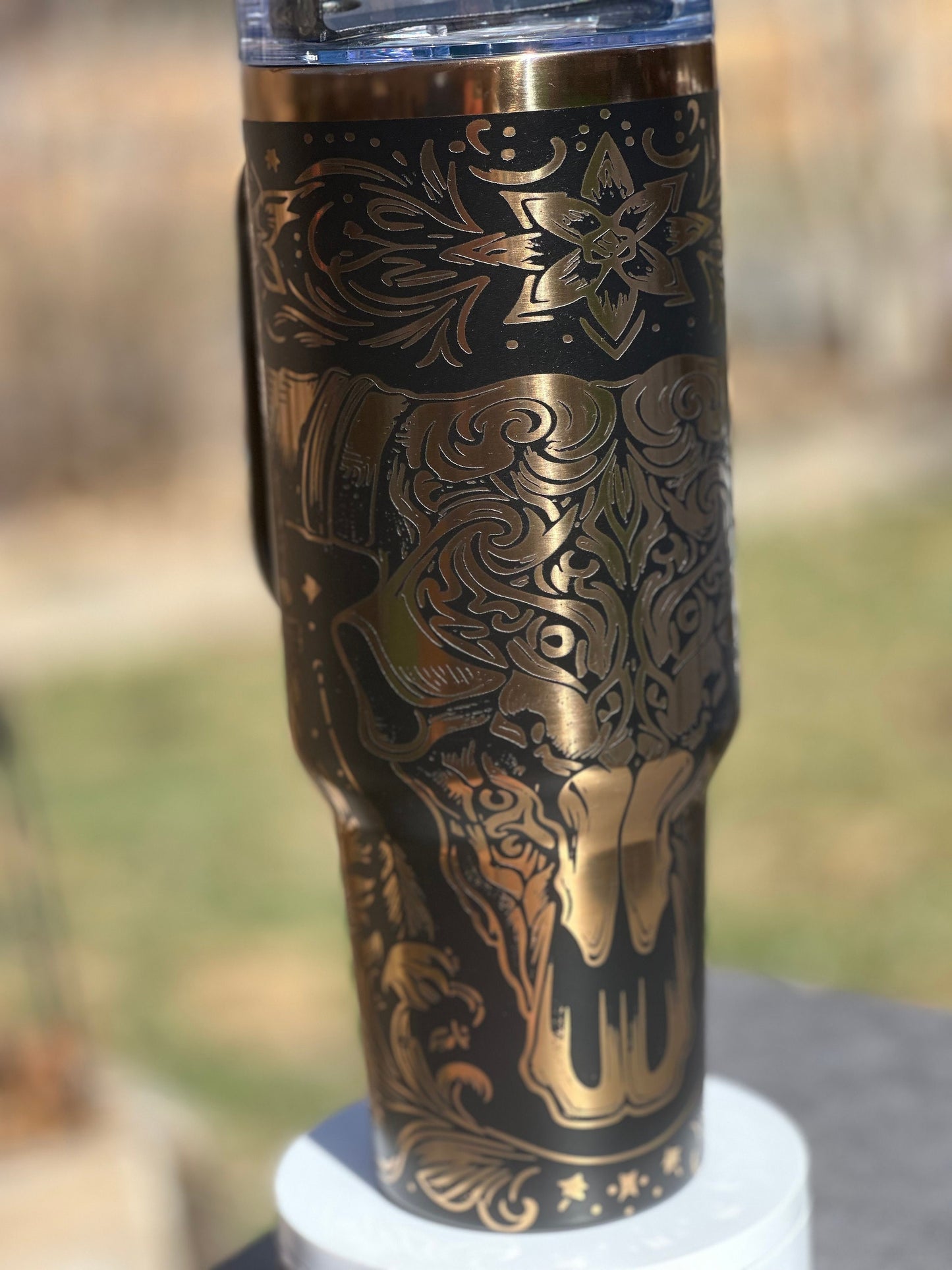 Western Charm Tumbler - Longhorn Cow Bull 40oz Engraved Cup, Black & Copper Design