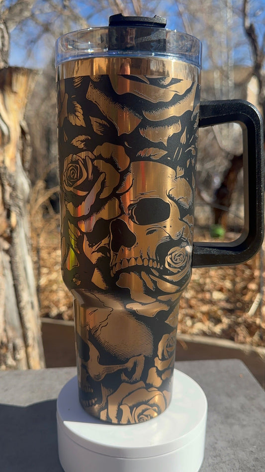 Black and Gold Rose and Skull Gothic Tumbler with Handle, Laser Engraved 40oz