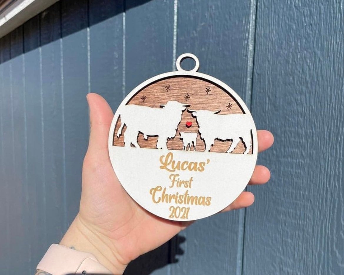 Personalized Scottish Highlands Cow Ornament, Wooden