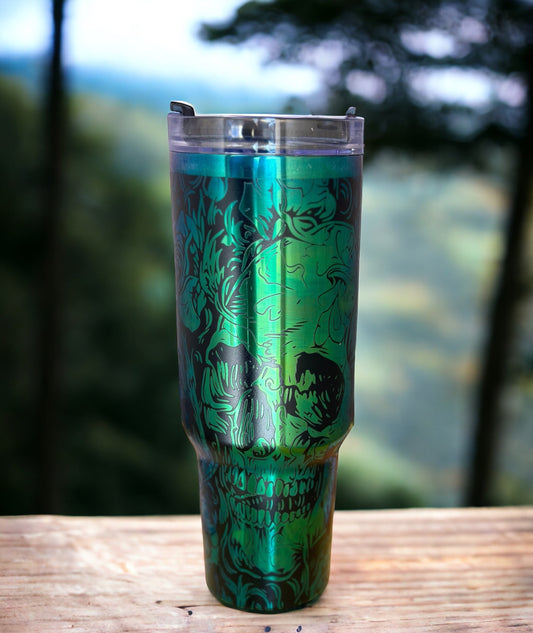 Engraved Gothic Tumbler Rose and Skulls with Handle, Laser Engraved 40oz Black and Rainbow/Aurora