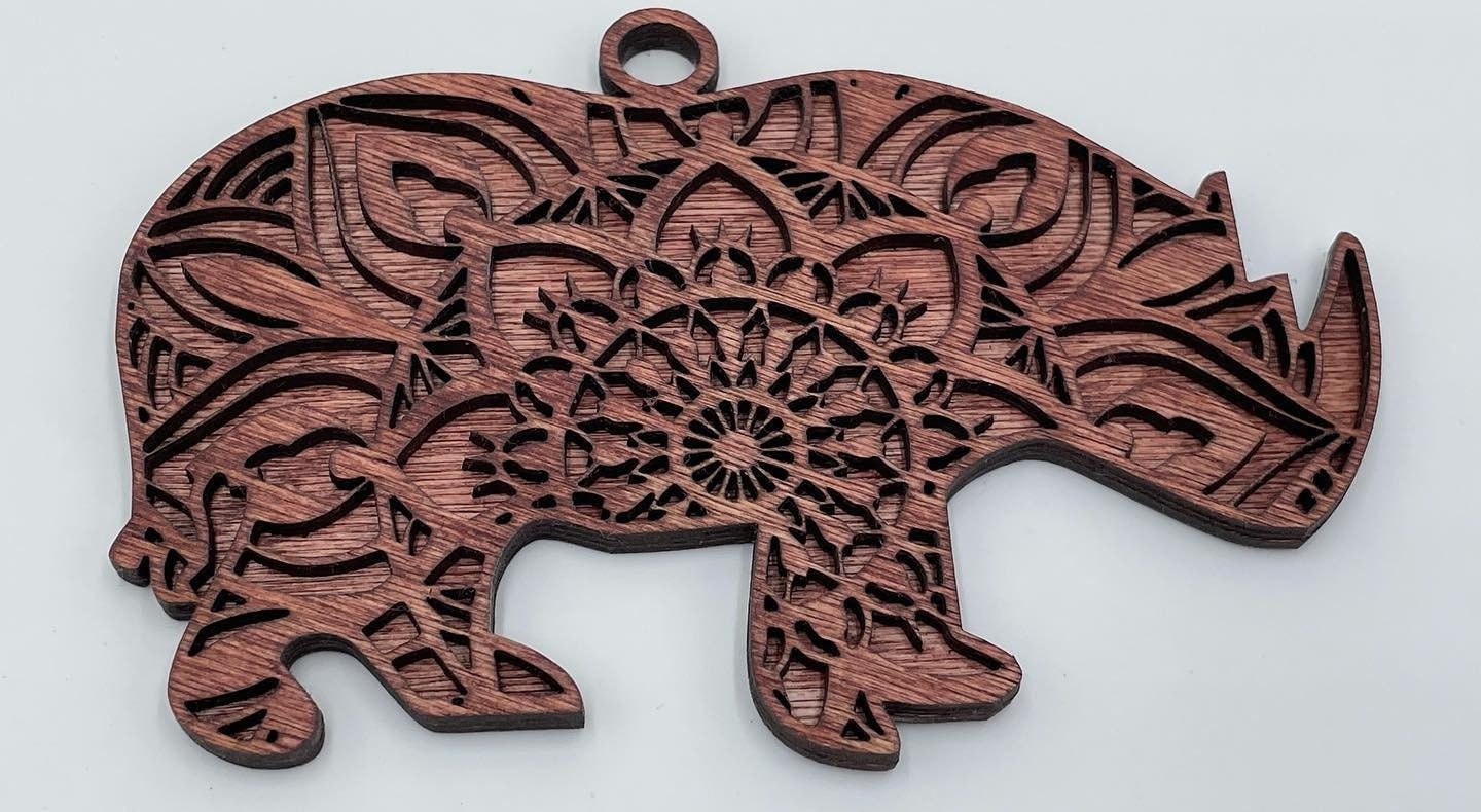 Wooden Mandala Rhino Ornament