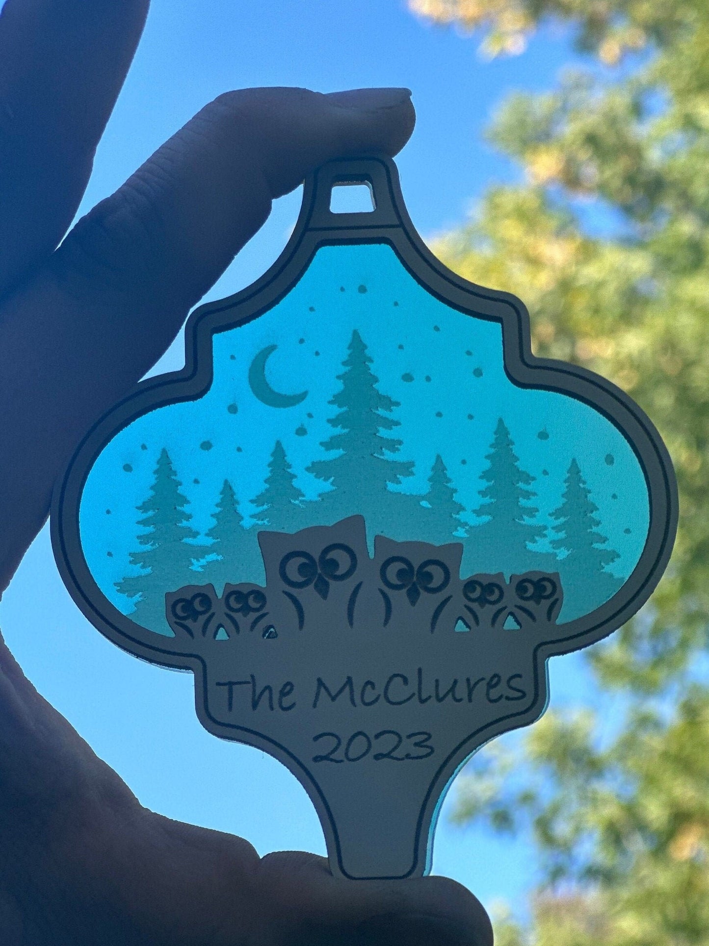 Personalized Family Ornament, Wood with Iridescent Acrylic backing, Engraved