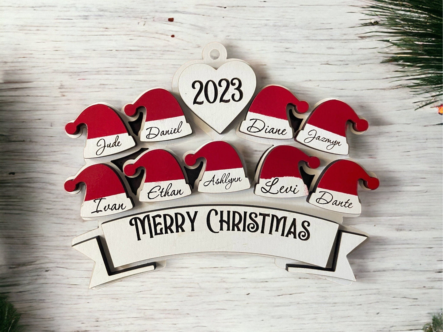 Personalized Santa Hat Ornament, Wooden, Layered Family Ornament