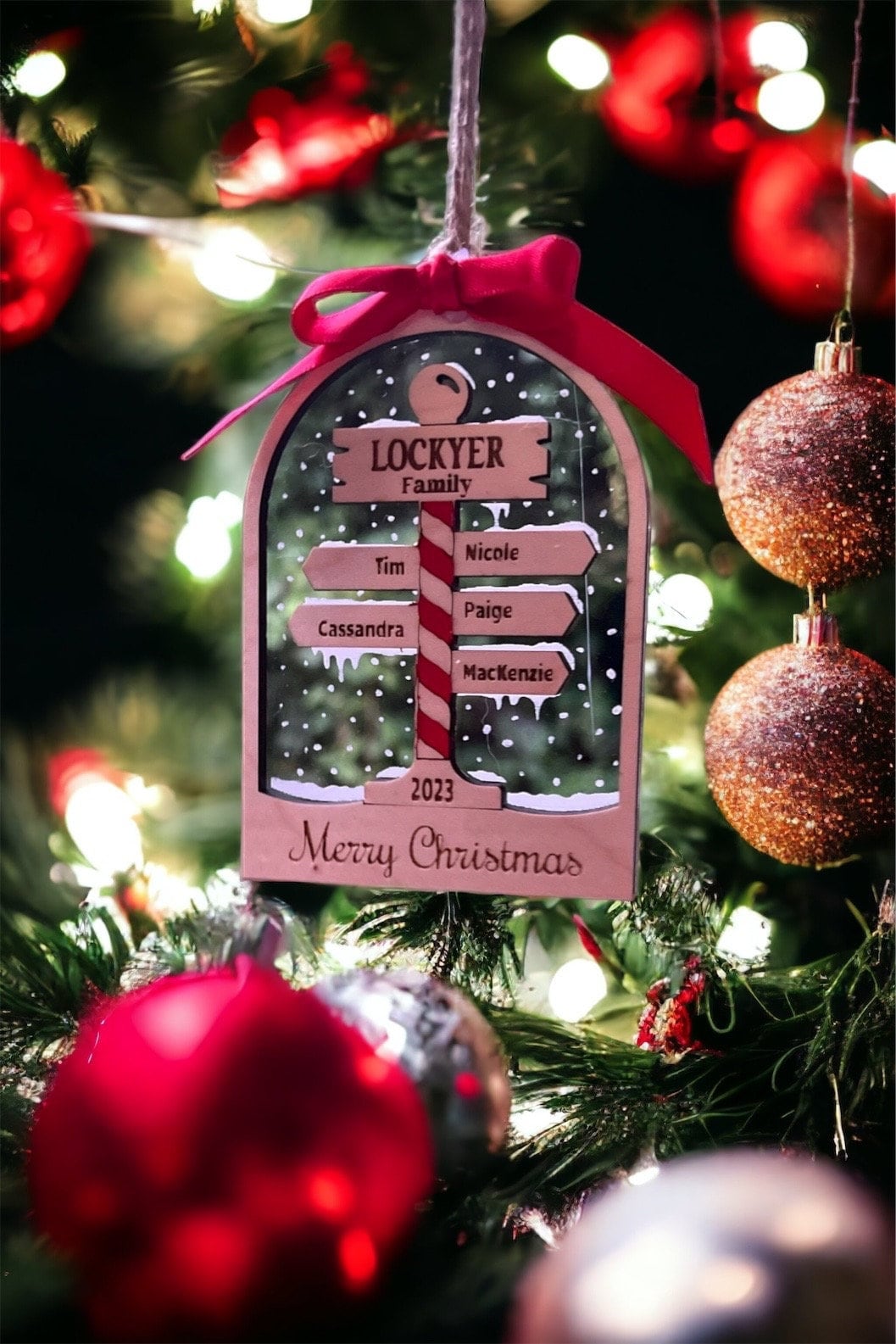Personalized Family Ornament, Up to 10 names, Wooden with Clear Acrylic Backing, North Pole