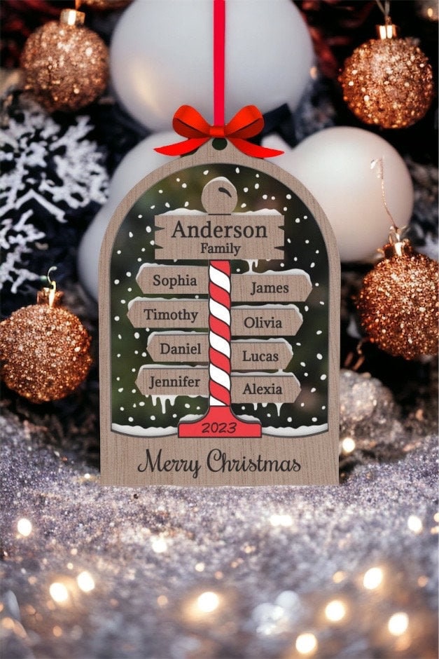 Personalized Family Ornament, Up to 10 names, Wooden with Clear Acrylic Backing, North Pole